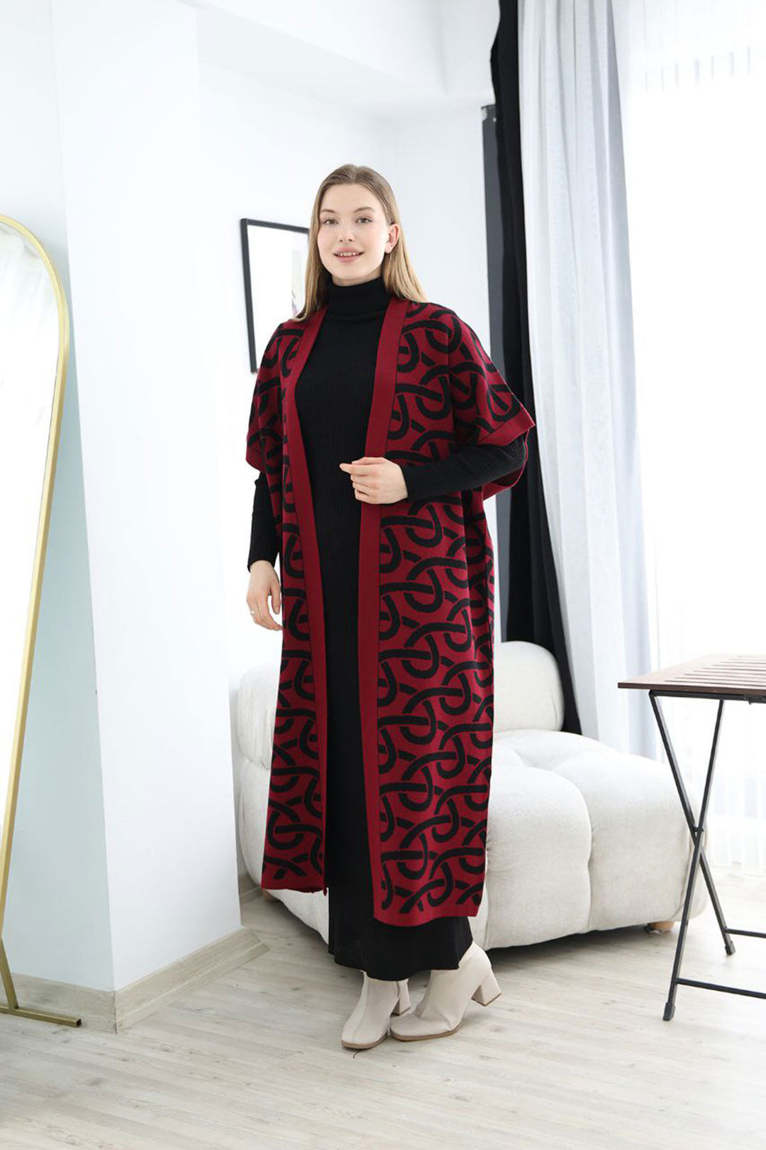 Burgundy Turtleneck Knit Dress and Long Patterned Cardigan Set BCES-252040 - Scandicci