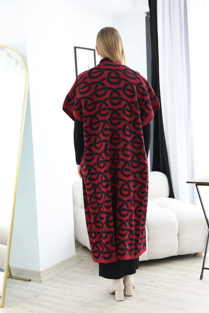 Burgundy Turtleneck Knit Dress and Long Patterned Cardigan Set BCES-252040 - Scandicci