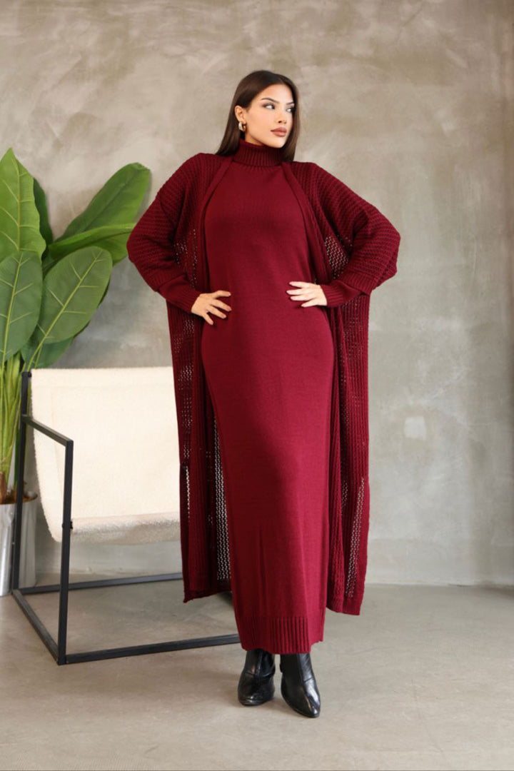 Burgundy Turtleneck Long Sleeve Knit Dress and Long Cardigan Hijab Top Bottom Knit Set BCES-252039 - Izmail