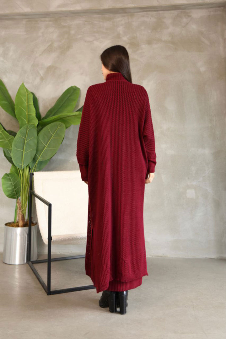 Burgundy Turtleneck Long Sleeve Knit Dress and Long Cardigan Hijab Top Bottom Knit Set BCES-252039 - Izmail