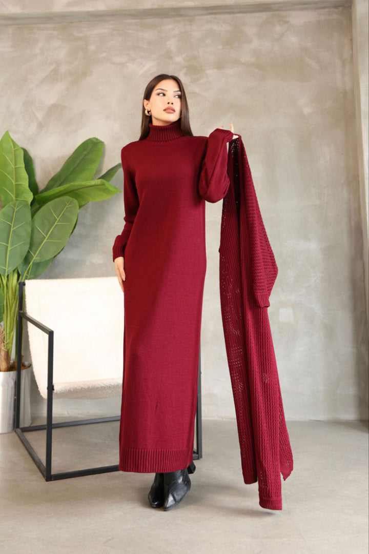 Burgundy Turtleneck Long Sleeve Knit Dress and Long Cardigan Hijab Top Bottom Knit Set BCES-252039 - Izmail