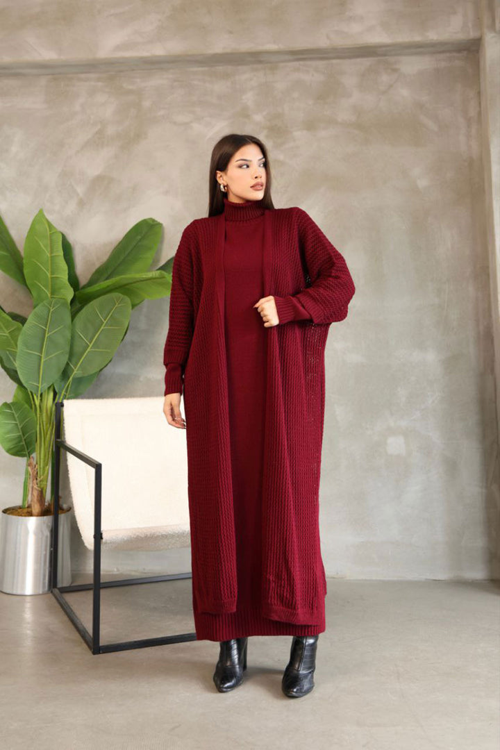 Burgundy Turtleneck Long Sleeve Knit Dress and Long Cardigan Hijab Top Bottom Knit Set BCES-252039 - Izmail