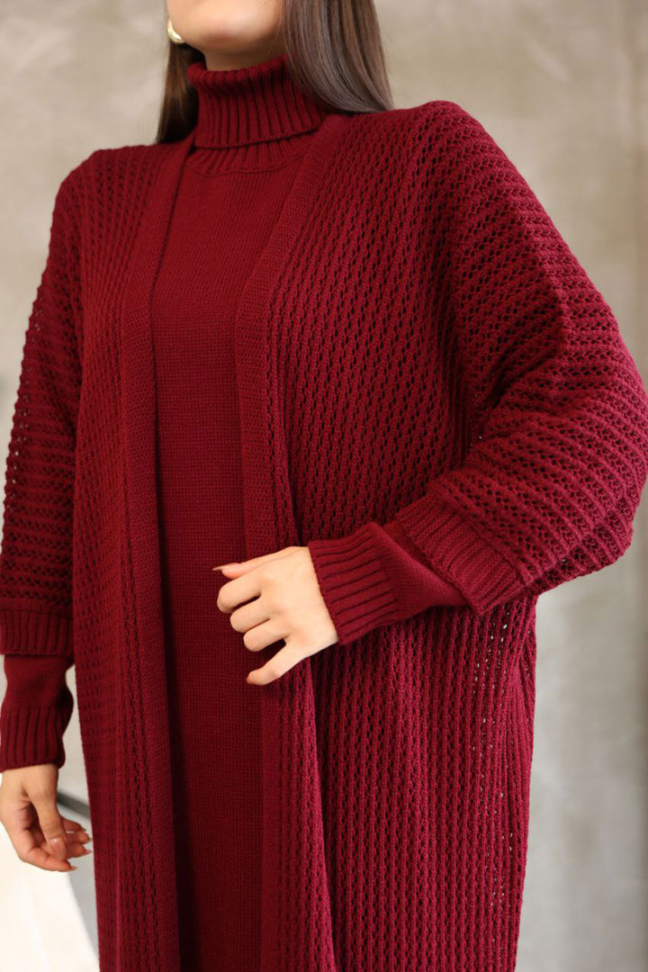 Burgundy Turtleneck Long Sleeve Knit Dress and Long Cardigan Hijab Top Bottom Knit Set BCES-252039 - Izmail