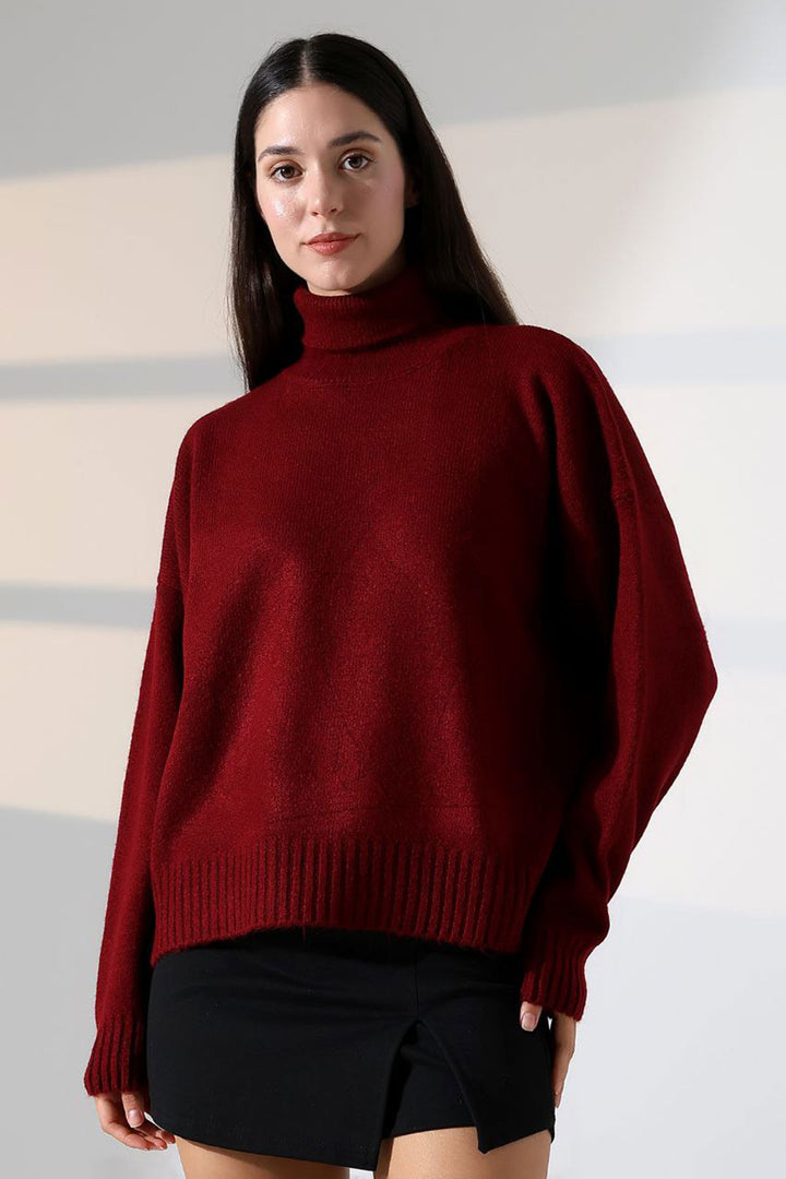 Burgundy Turtleneck Soft Textured Knit Sweater BCES-252023 - Gladstone