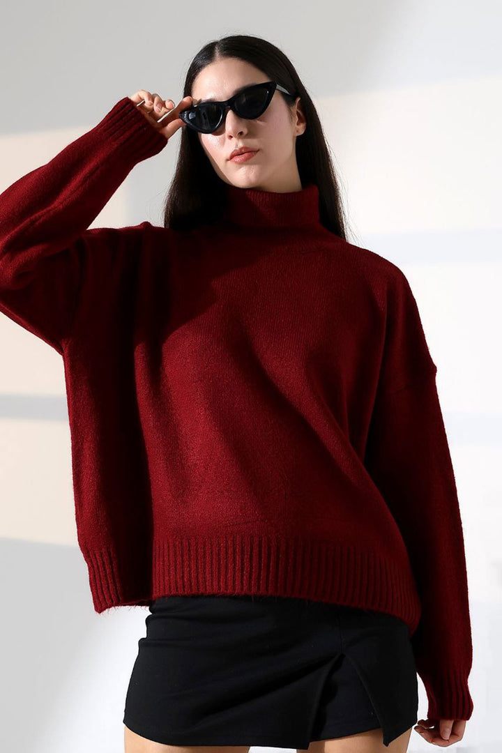 Burgundy Turtleneck Soft Textured Knit Sweater BCES-252023 - Gladstone
