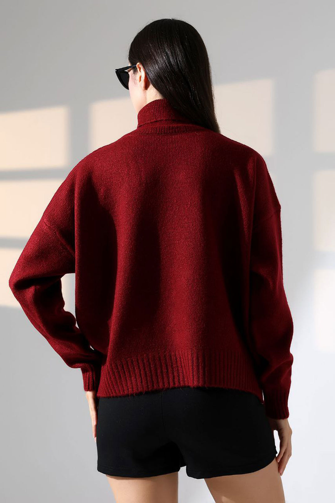 Burgundy Turtleneck Soft Textured Knit Sweater BCES-252023 - Gladstone