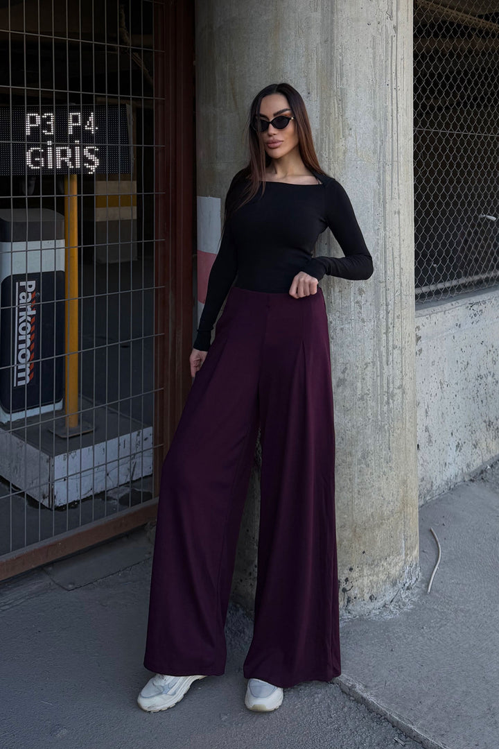Burgundy Pocketed Flared Ultra Soft Fabric Trousers BCDF-25P0001 - Clovis