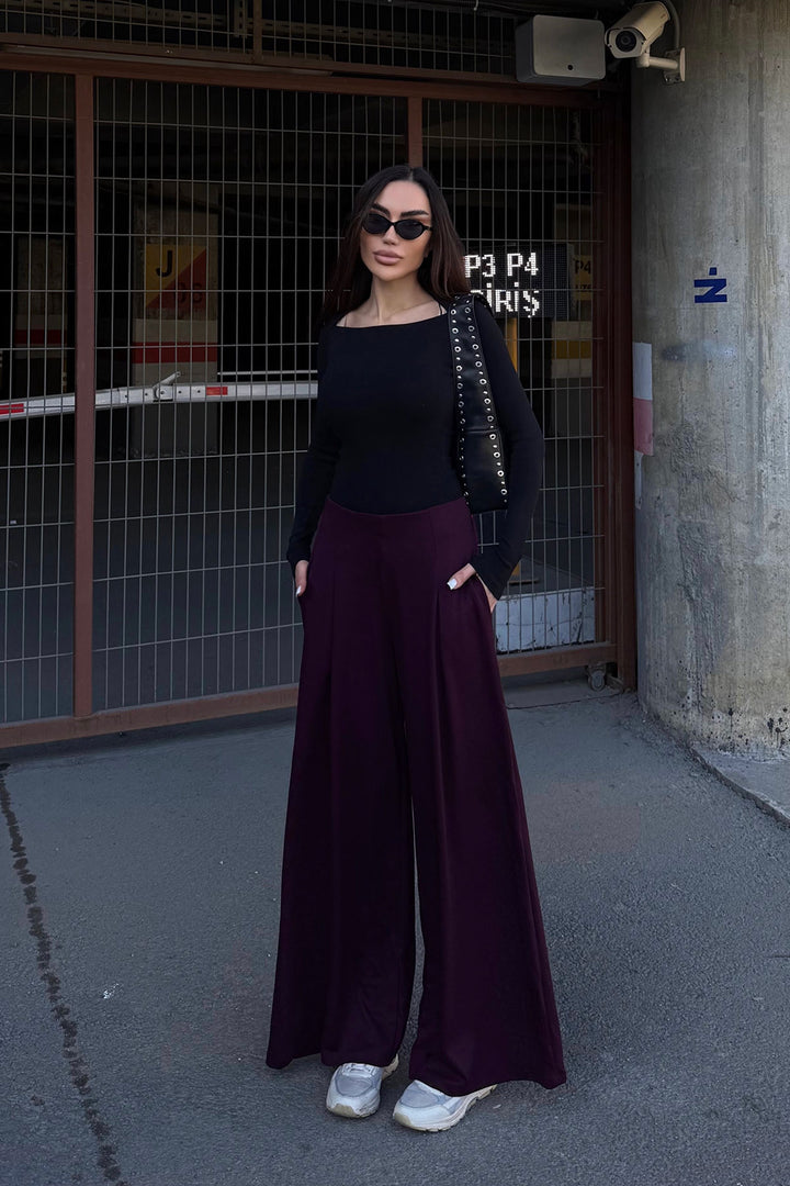 Burgundy Pocketed Flared Ultra Soft Fabric Trousers BCDF-25P0001 - Clovis