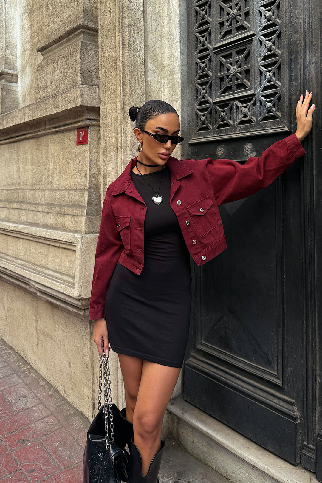 Burgundy Double Pocket Denim Crop Jacket BCDF-255419 - Lubbock