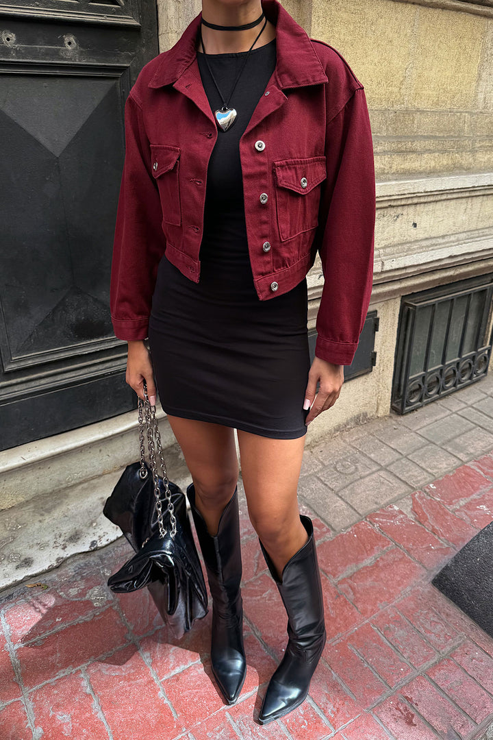 Burgundy Double Pocket Denim Crop Jacket BCDF-255419 - Lubbock