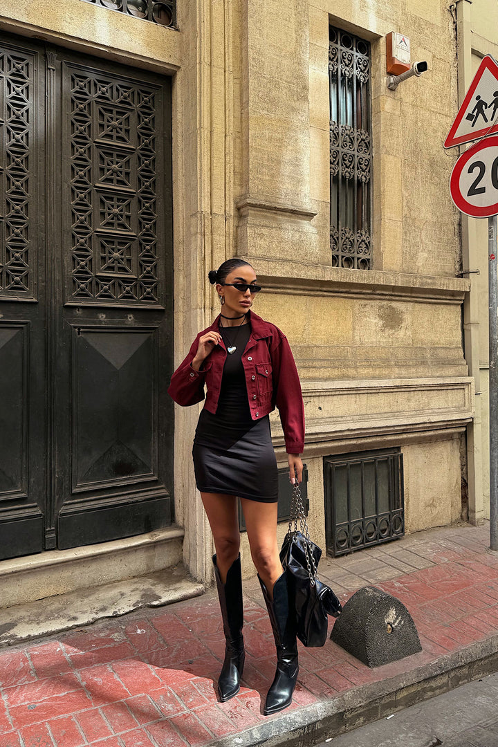 Burgundy Double Pocket Denim Crop Jacket BCDF-255419 - Lubbock