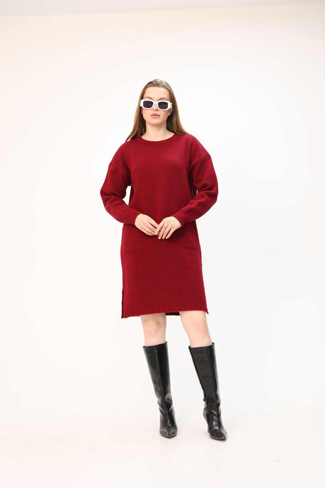 Burgundy Double Pocket Bicycle Collar Tunic Dress BCES-252022 - Dudley