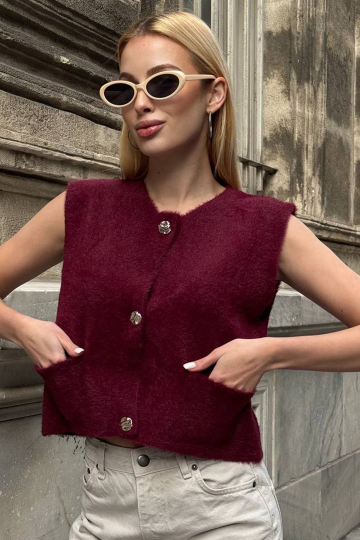 Burgundy Double Pocket Gold Button Soft Vest Blouse BCHZCK-251262 - Gjakovë
