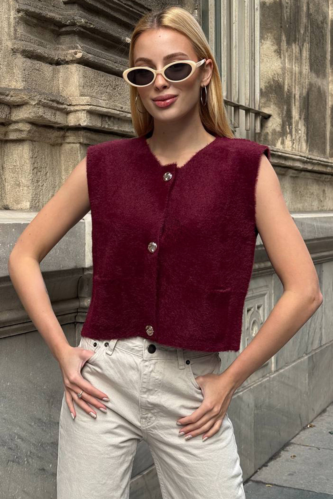 Burgundy Double Pocket Gold Button Soft Vest Blouse BCHZCK-251262 - Gjakovë