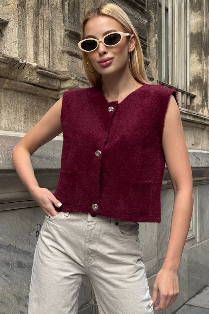 Burgundy Double Pocket Gold Button Soft Vest Blouse BCHZCK-251262 - Lawrence