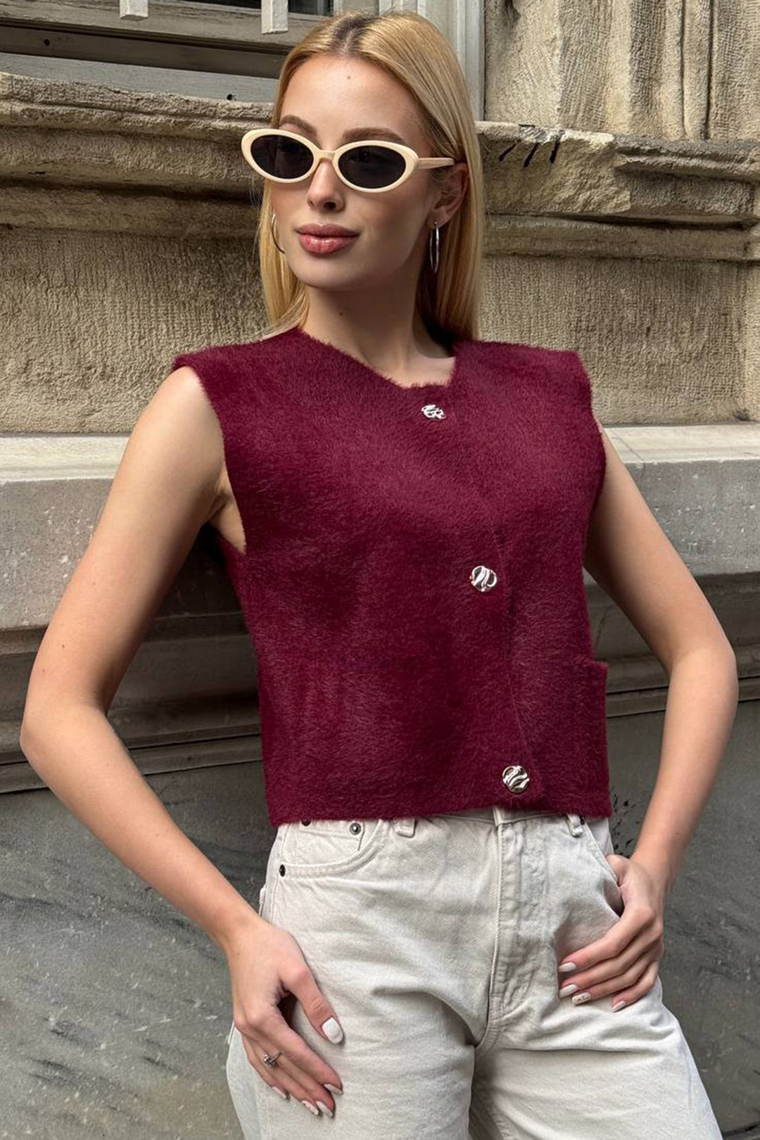 Burgundy Double Pocket Gold Button Soft Vest Blouse BCHZCK-251262 - Gjakovë