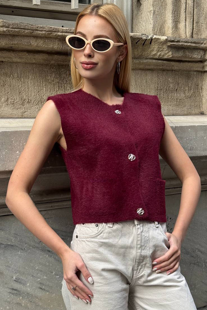 Burgundy Double Pocket Gold Button Soft Vest Blouse BCHZCK-251262 - Gjakovë