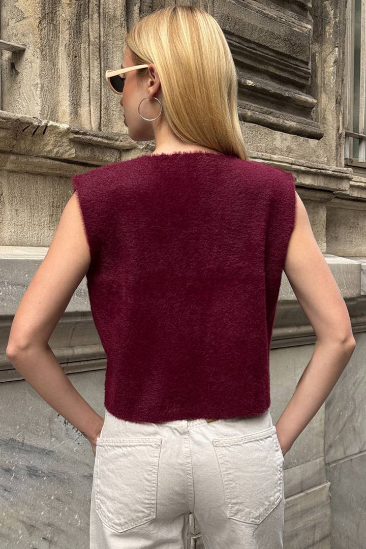 Burgundy Double Pocket Gold Button Soft Vest Blouse BCHZCK-251262 - Gjakovë