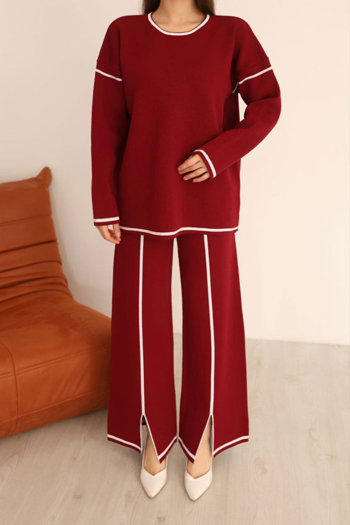 Bordo Çizgi Desenli Triko Kazak Ve Yırtmaçlı Pantolon Triko Alt Üst Takım BCES-253008 - Cieza