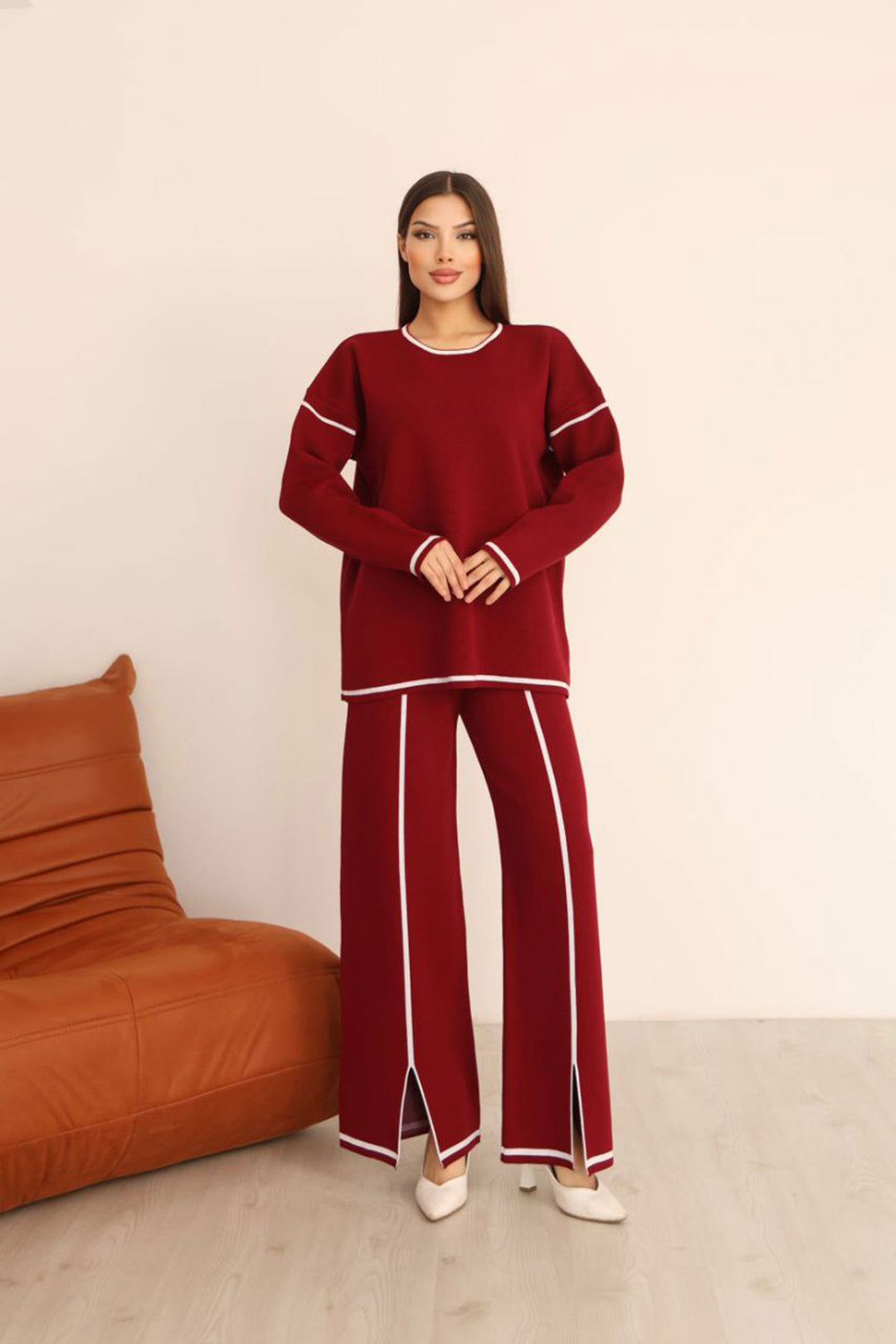 Bordo Çizgi Desenli Triko Kazak Ve Yırtmaçlı Pantolon Triko Alt Üst Takım BCES-253008 - Cieza