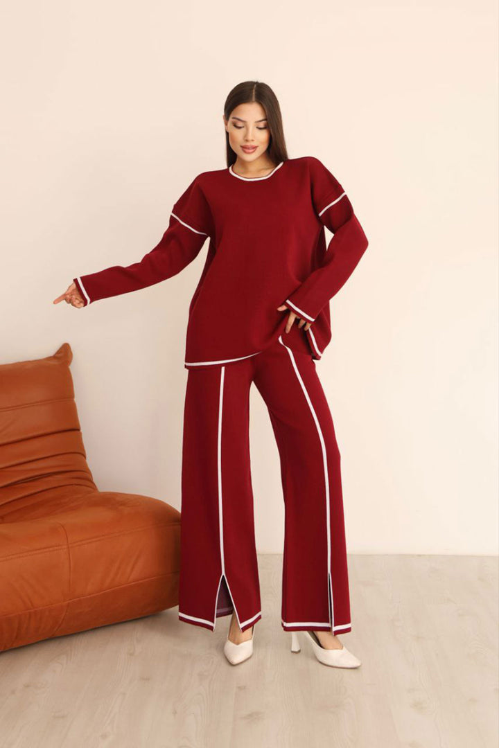 Bordo Çizgi Desenli Triko Kazak Ve Yırtmaçlı Pantolon Triko Alt Üst Takım BCES-253008 - Cieza