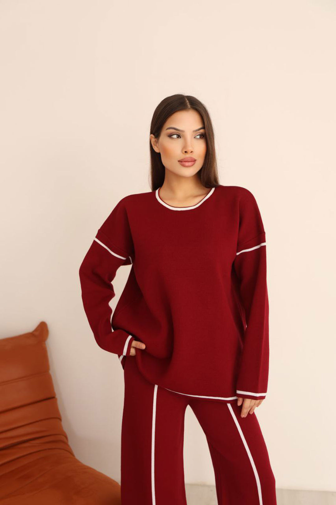 Bordo Çizgi Desenli Triko Kazak Ve Yırtmaçlı Pantolon Triko Alt Üst Takım BCES-253008 - Cieza