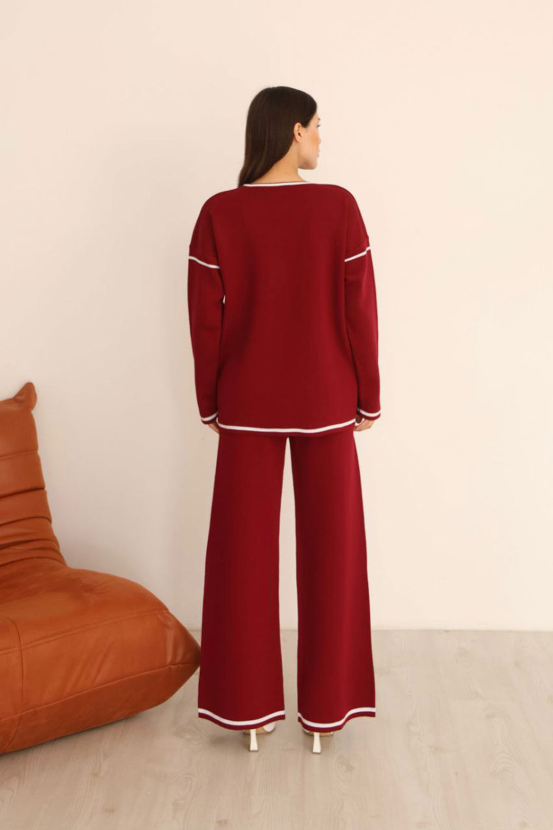 Bordo Çizgi Desenli Triko Kazak Ve Yırtmaçlı Pantolon Triko Alt Üst Takım BCES-253008 - Cieza