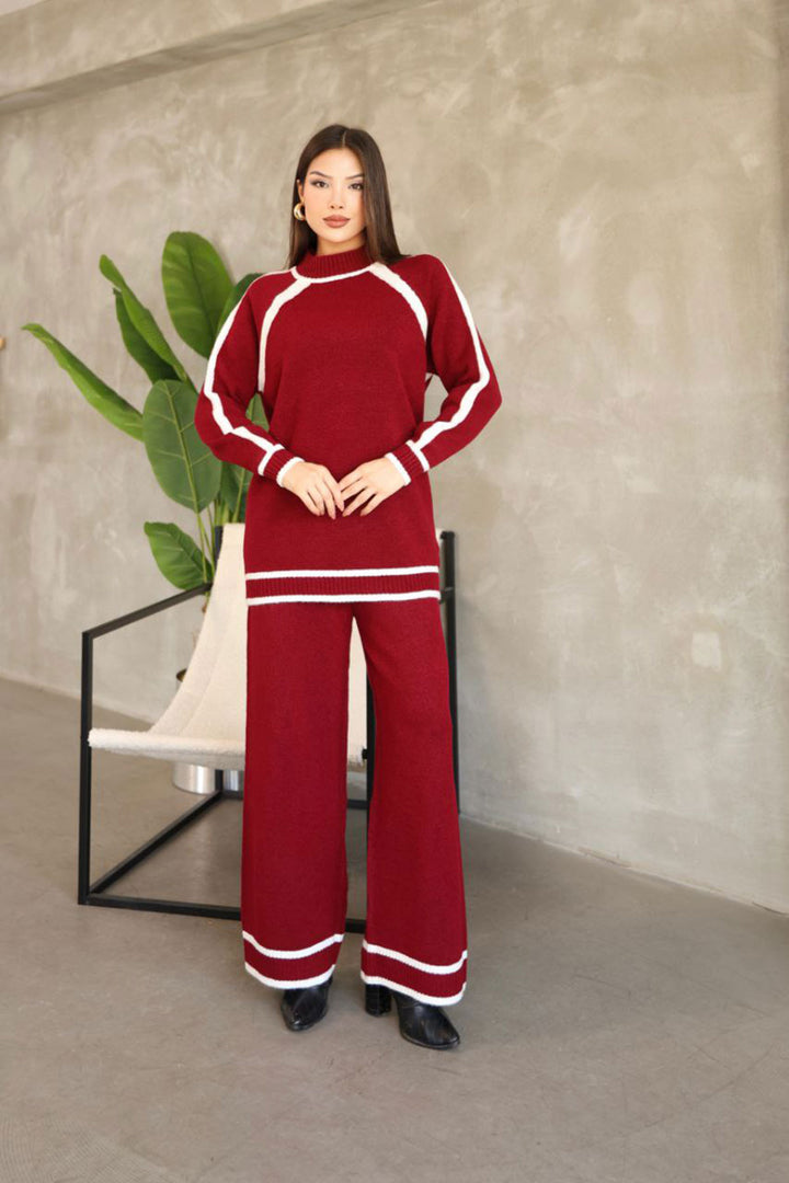 Burgundy Line Detailed Bicycle Collar Tunic and Wide Leg Knit Top Set BCES-252030 - Sicklerville