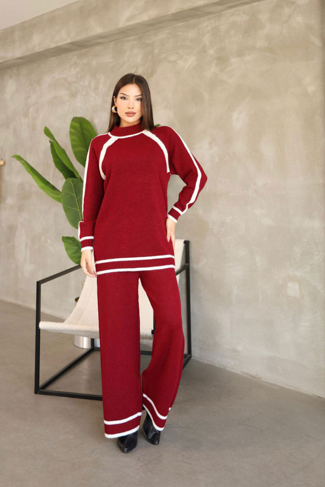 Burgundy Line Detailed Bicycle Collar Tunic and Wide Leg Knit Top Set BCES-252030 - Sicklerville