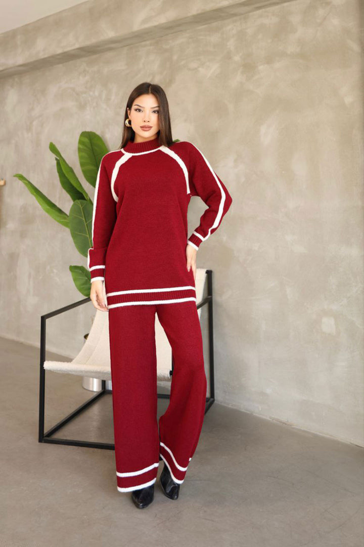 Burgundy Line Detailed Bicycle Collar Tunic and Wide Leg Knit Top Set BCES-252030 - Sicklerville