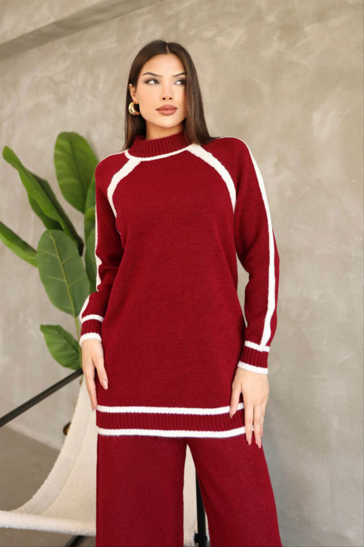 Burgundy Line Detailed Bicycle Collar Tunic and Wide Leg Knit Top Set BCES-252030 - Sicklerville