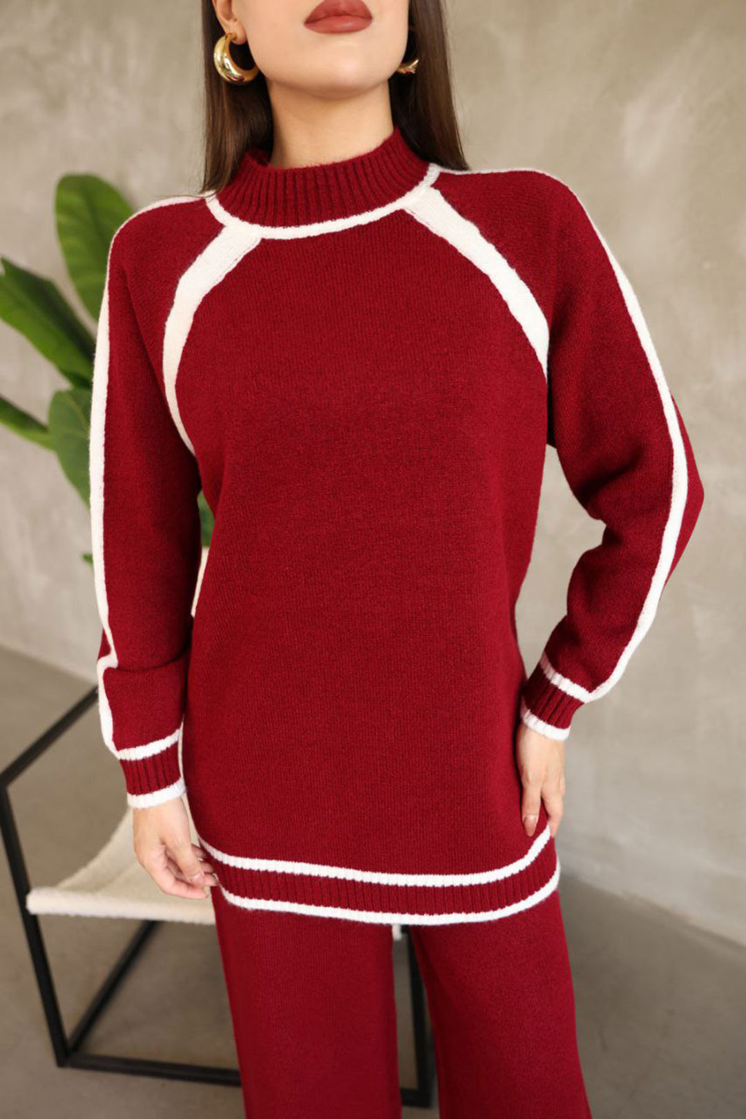 Burgundy Line Detailed Bicycle Collar Tunic and Wide Leg Knit Top Set BCES-252030 - Sicklerville