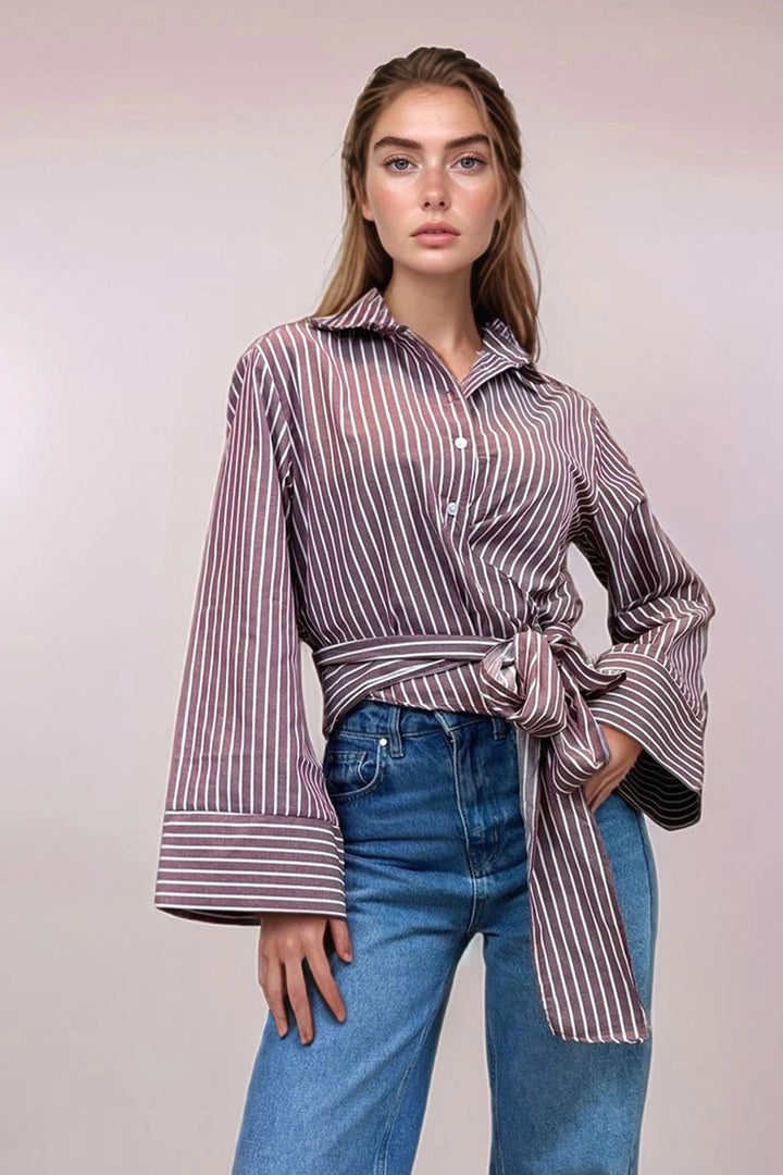 Burgundy Striped Wide Cuffed Sleeve Detailed Front Tied Poplin Shirt BCDF-2510000 - Richmond