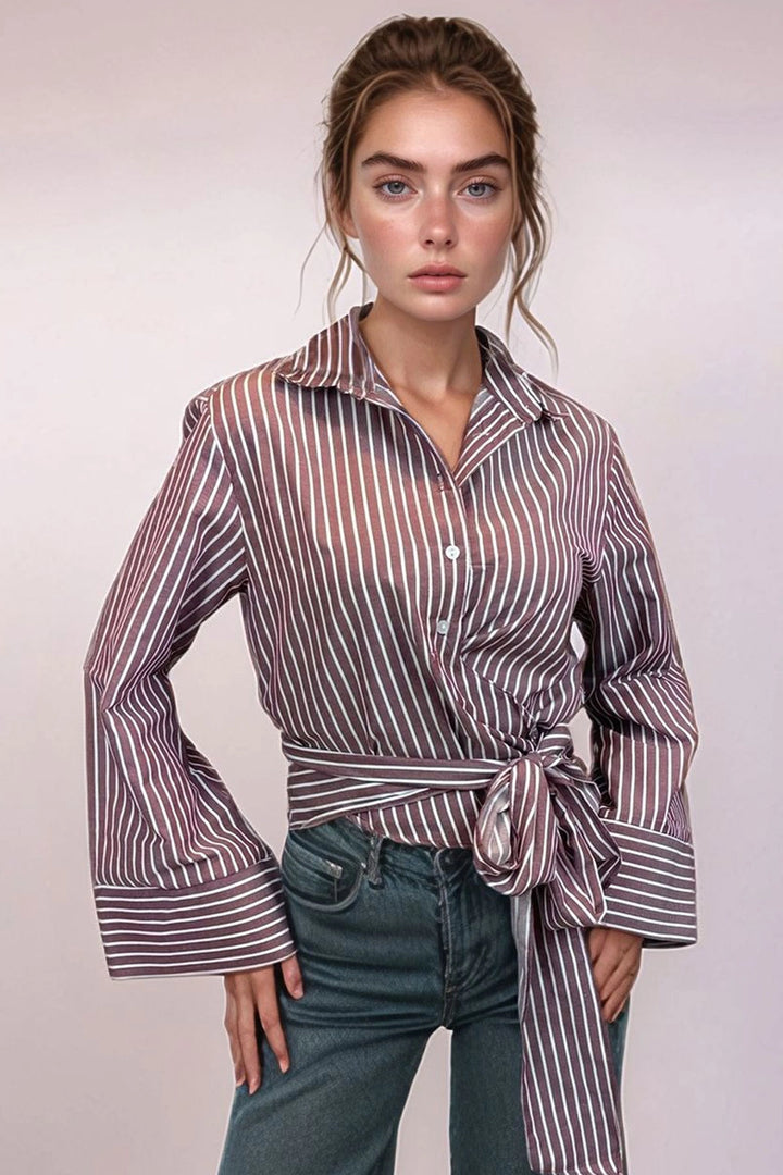 Burgundy Striped Wide Cuffed Sleeve Detailed Front Tied Poplin Shirt BCDF-2510000 - Richmond
