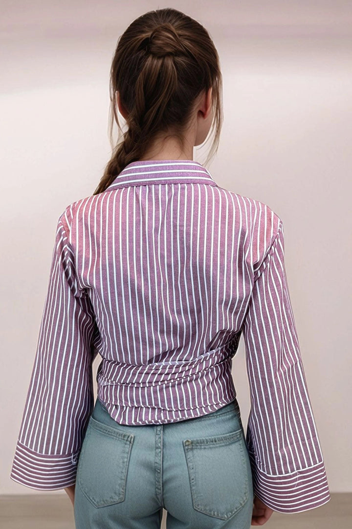 Burgundy Striped Wide Cuffed Sleeve Detailed Front Tied Poplin Shirt BCDF-2510000 - Richmond