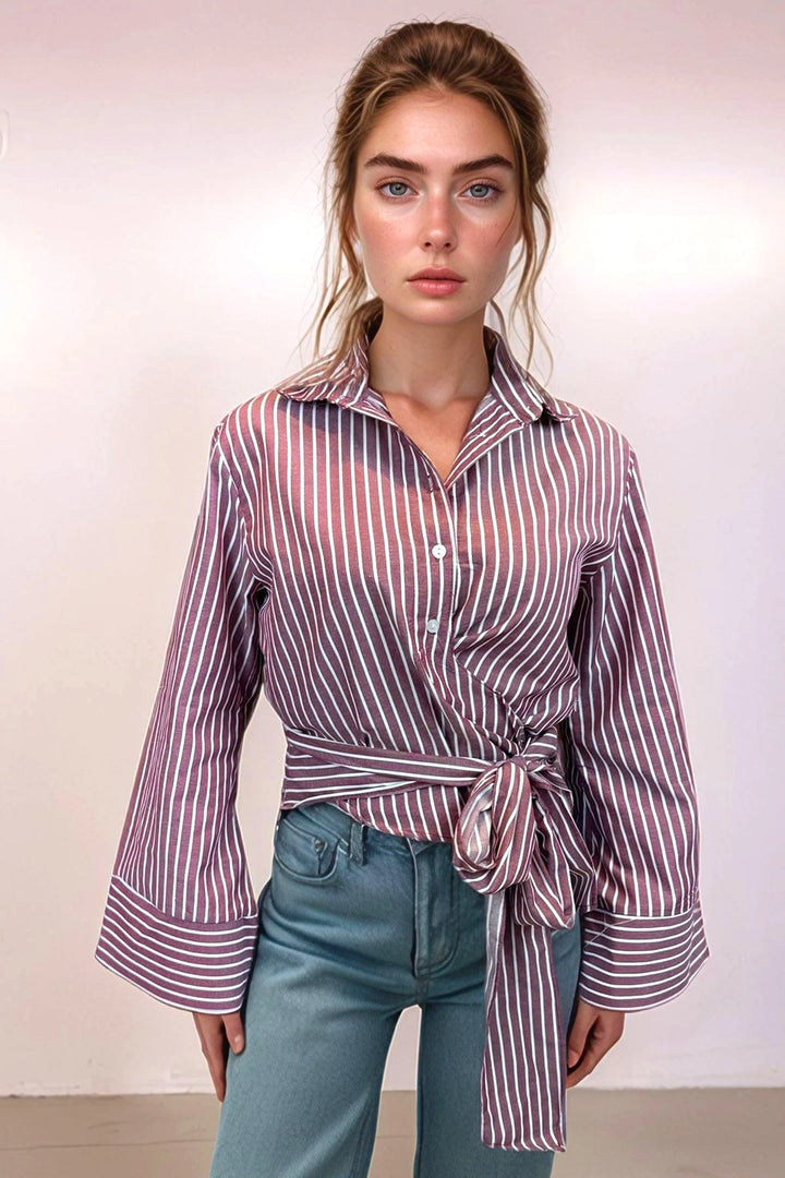 Burgundy Striped Wide Cuffed Sleeve Detailed Front Tied Poplin Shirt BCDF-2510000 - Richmond