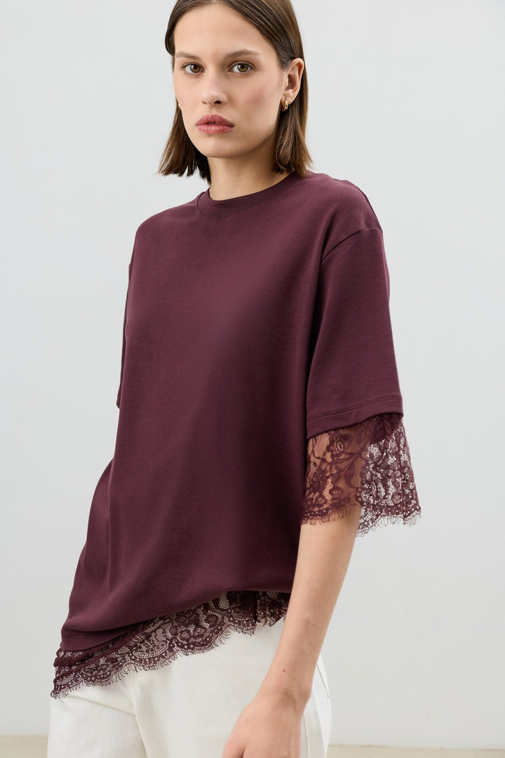 ANT Antioch Bordo Dantel Detaylı Kadın T-Shirt - Visalia