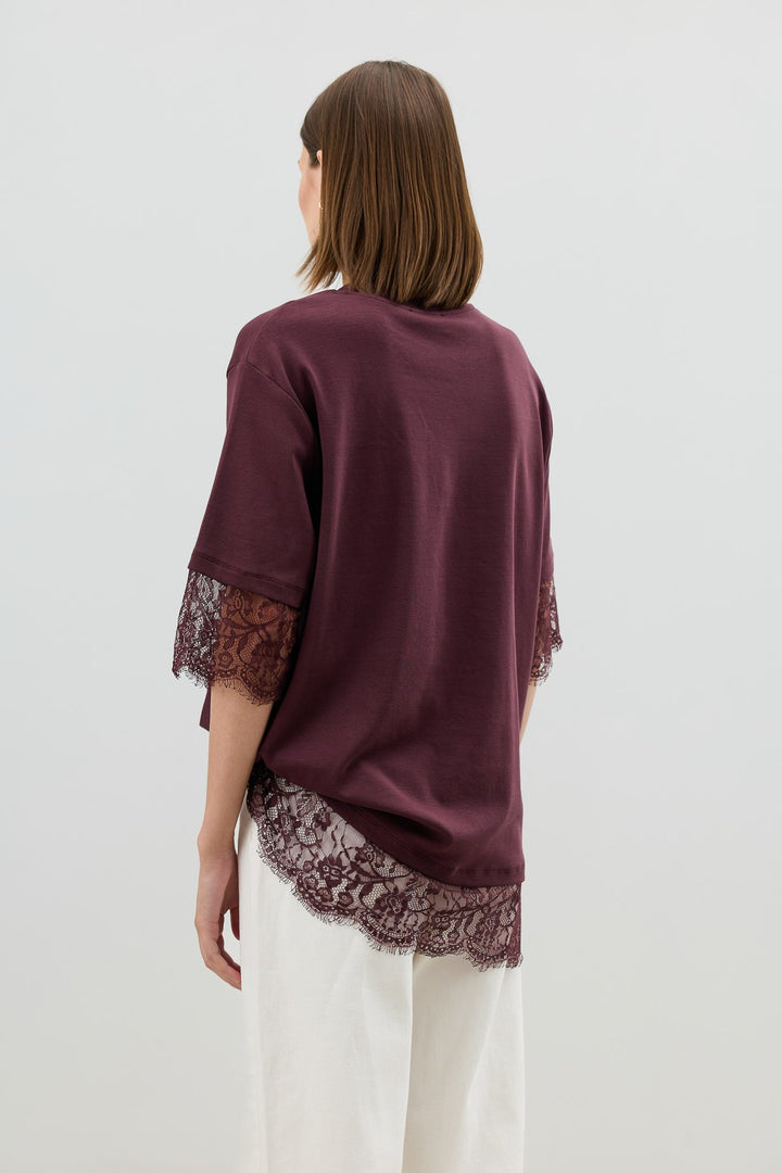 ANT Antioch Bordo Dantel Detaylı Kadın T-Shirt - Visalia