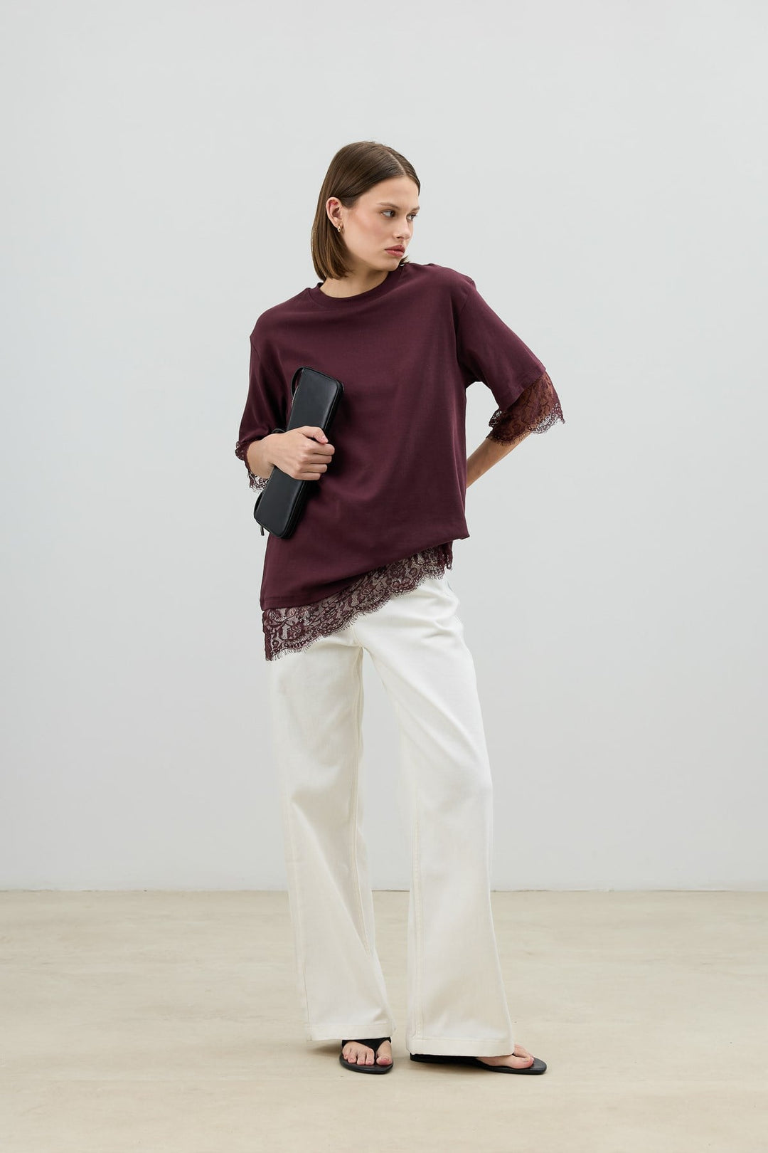 ANT Antioch Bordo Dantel Detaylı Kadın T-Shirt - Visalia