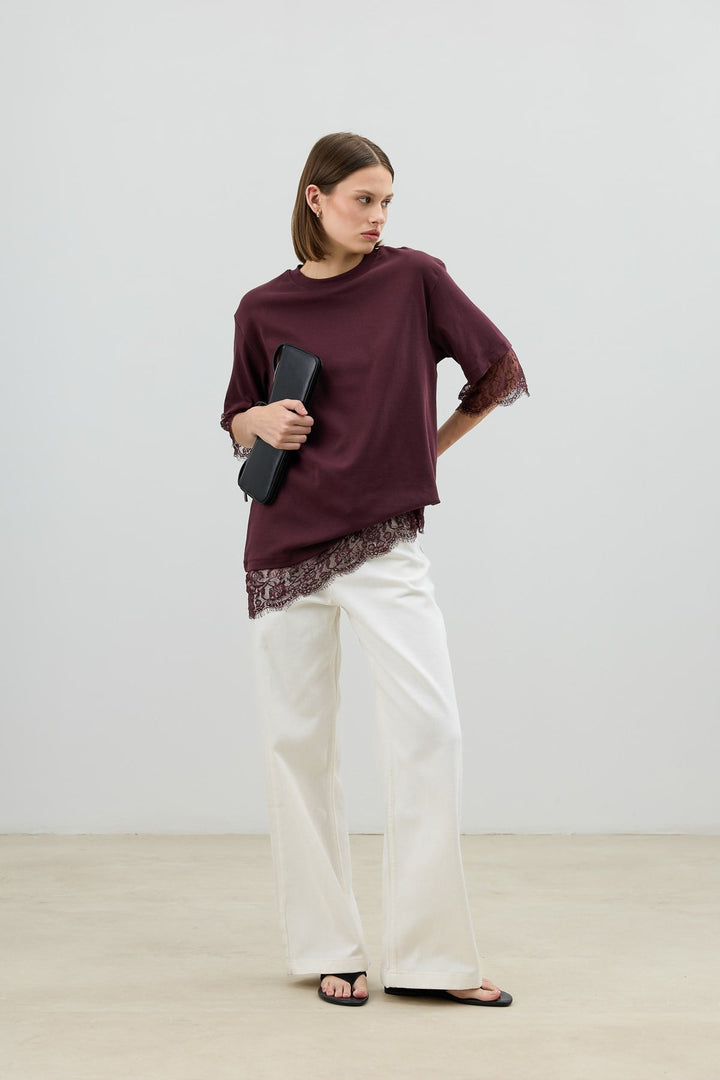 ANT Antioch Bordo Dantel Detaylı Kadın T-Shirt - Visalia