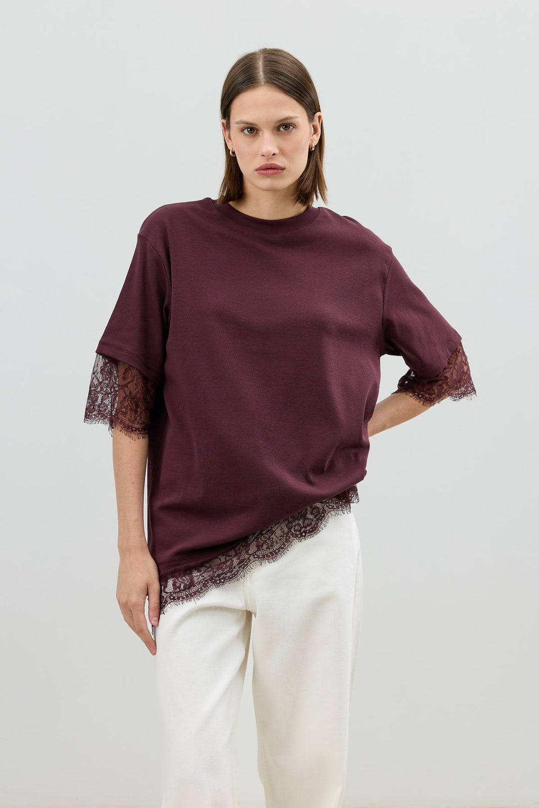 ANT Antioch Bordo Dantel Detaylı Kadın T-Shirt - Visalia