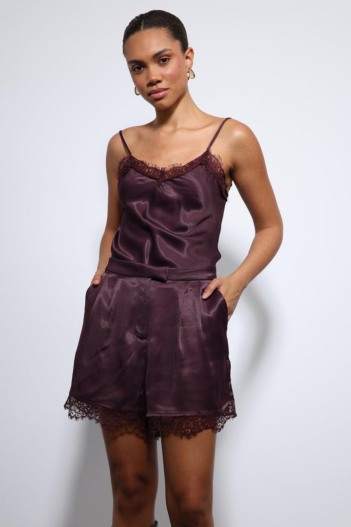 ANT Antioch Bordo Dantel Detaylı Saten Top - Paredes