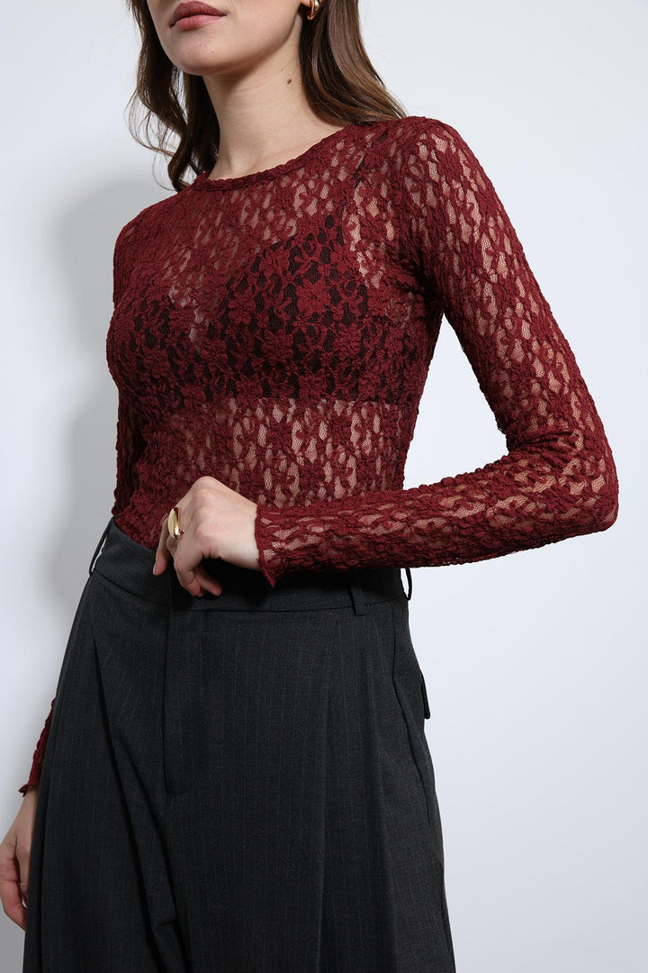 ANT Antioch Bordo Dantel Detaylı Transparan Bluz - Alsdorf
