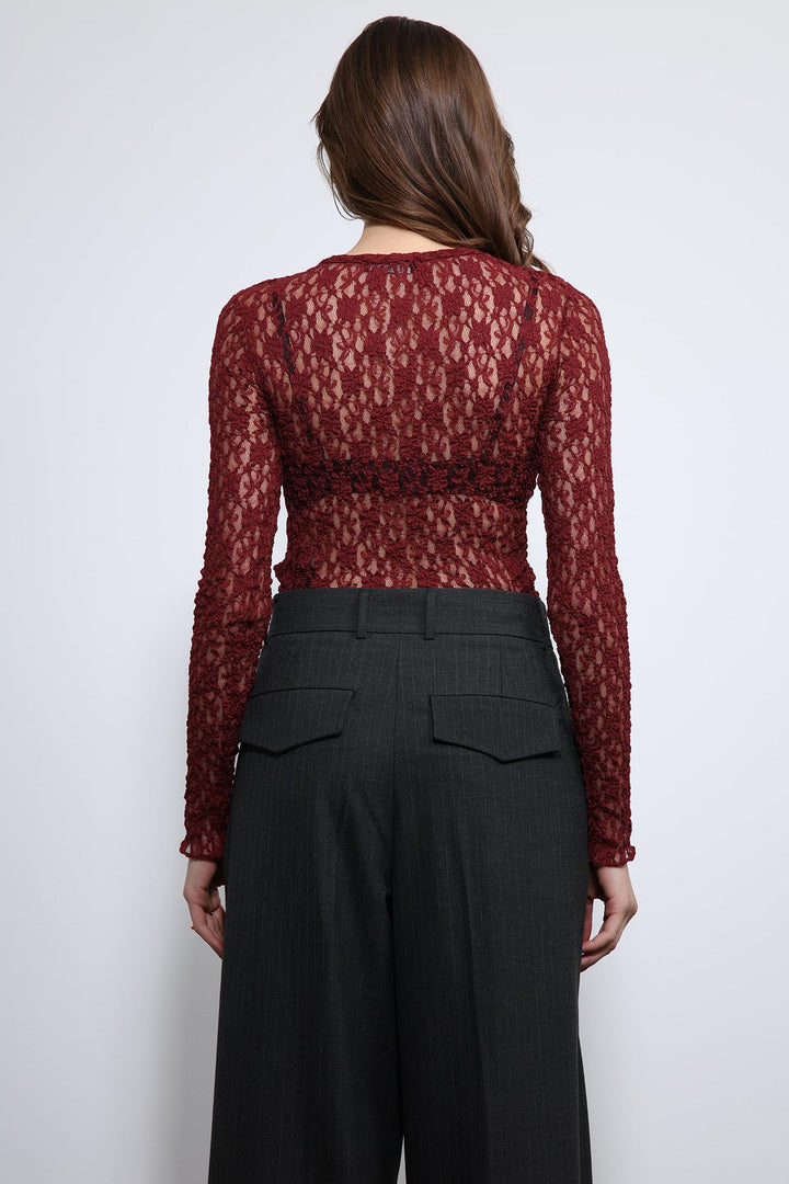 ANT Antioch Bordo Dantel Detaylı Transparan Bluz - Alsdorf