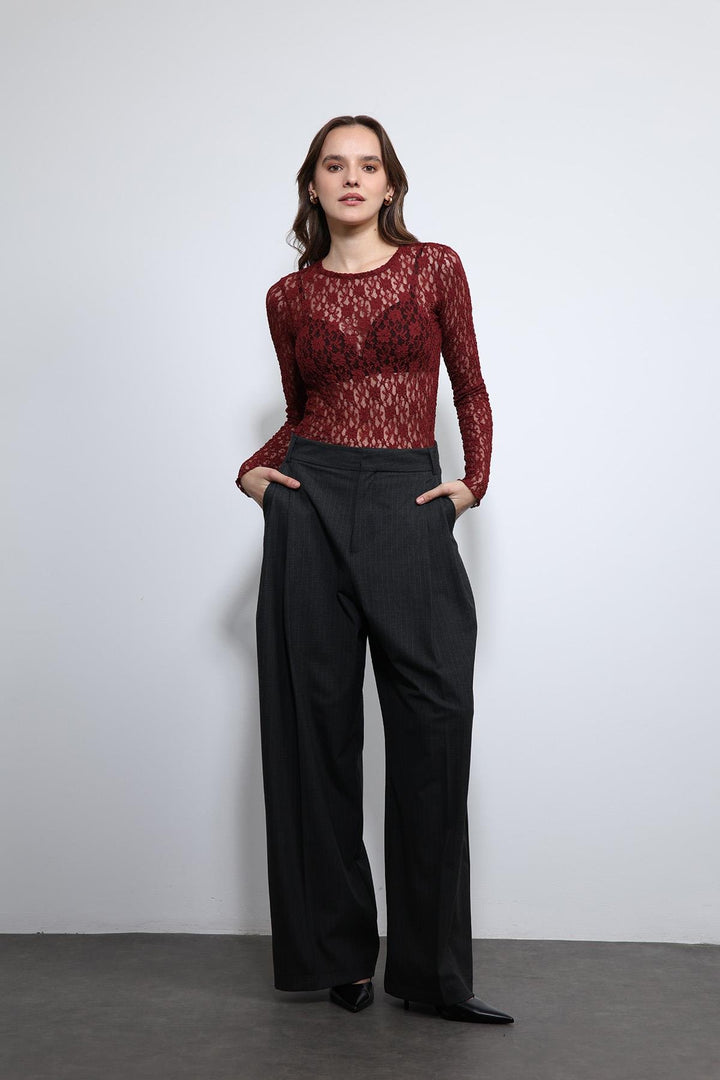 ANT Antioch Bordo Dantel Detaylı Transparan Bluz - Alsdorf