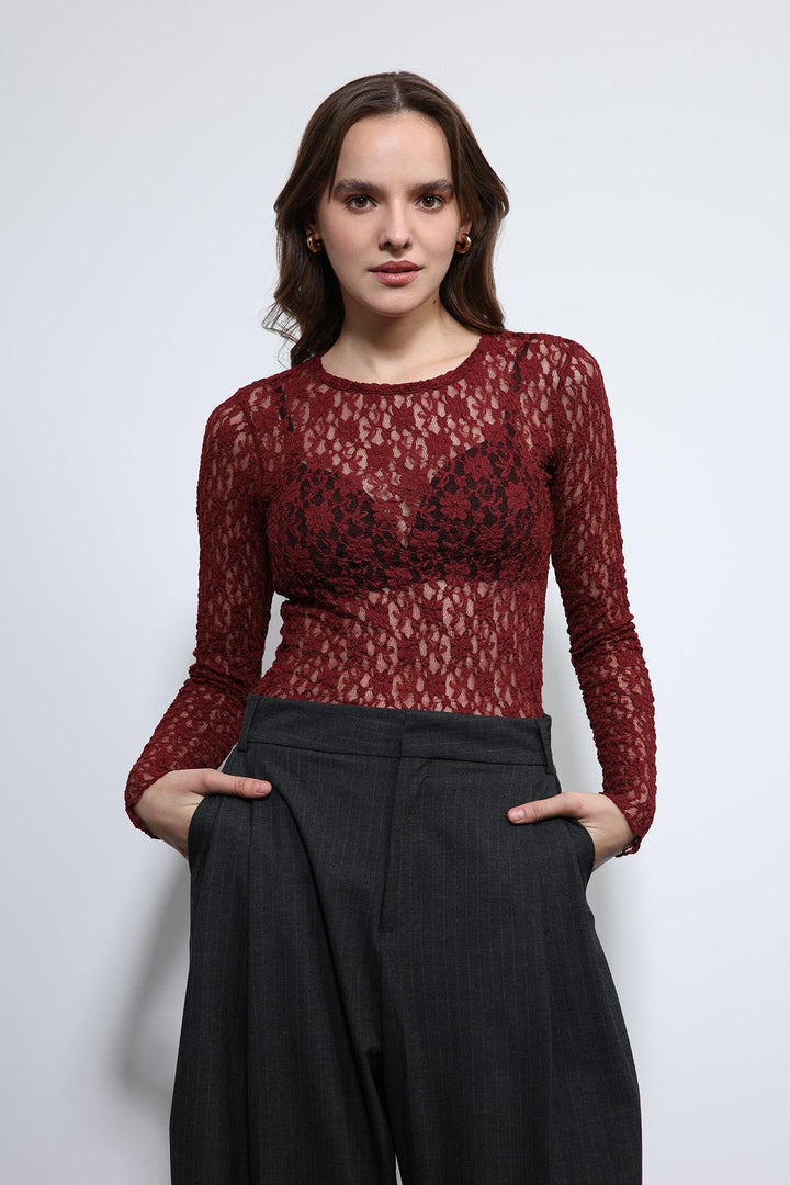ANT Antioch Bordo Dantel Detaylı Transparan Bluz - Alsdorf