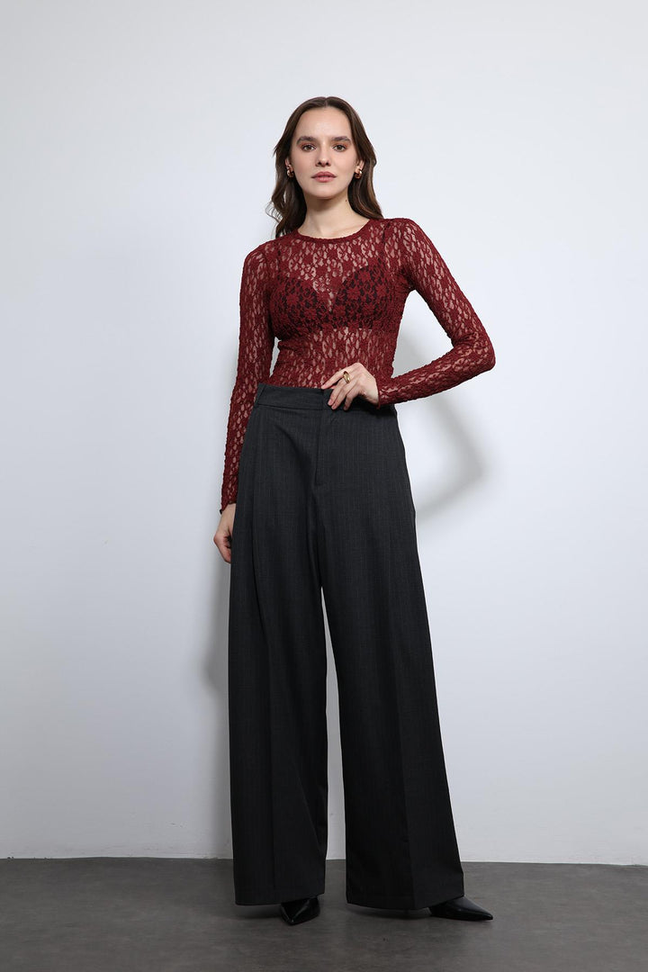 ANT Antioch Bordo Dantel Detaylı Transparan Bluz - Alsdorf