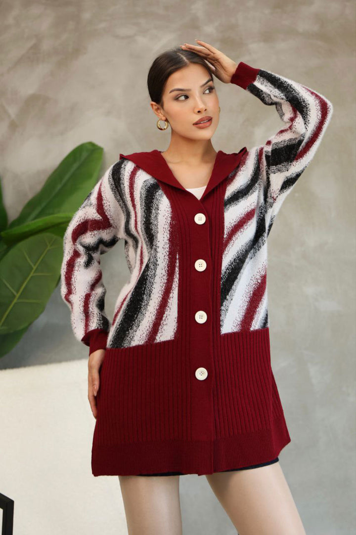 Burgundy Patterned Button Detailed Knit Cardigan BCES-252025 - Lakewood
