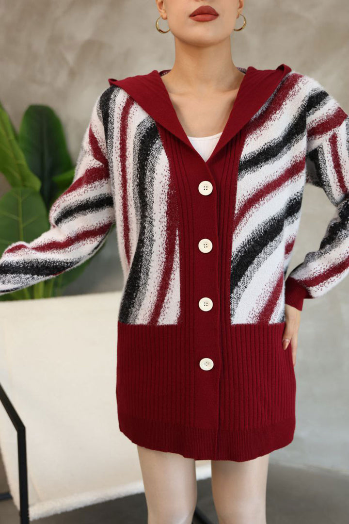 Burgundy Patterned Button Detailed Knit Cardigan BCES-252025 - Lakewood