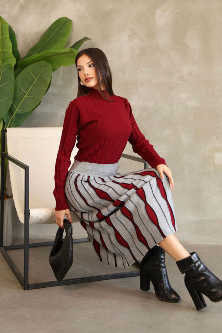 Burgundy Turtleneck Dress with Skirt-Like Appearance Patterned Knit Dress BCES-252020 - Siracusa